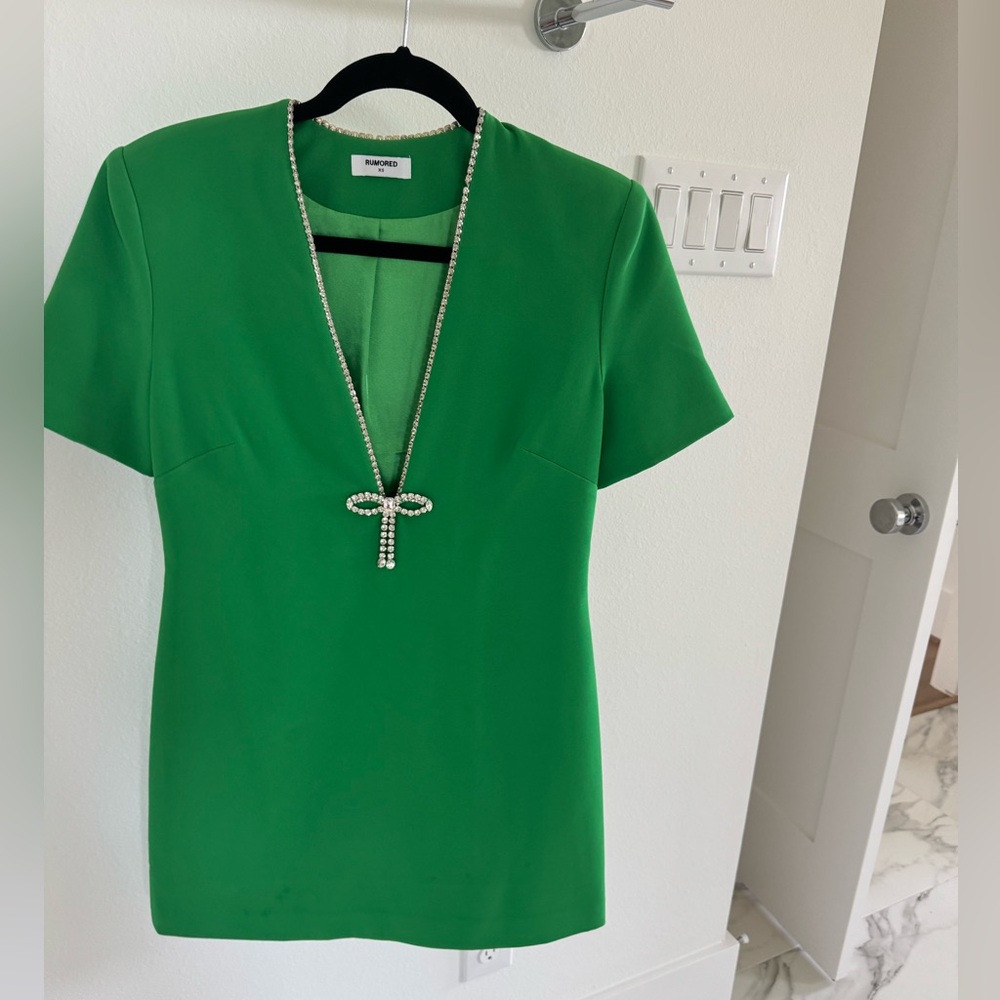 Rumored Vibrant Green Dress with Diamond Bow Detail